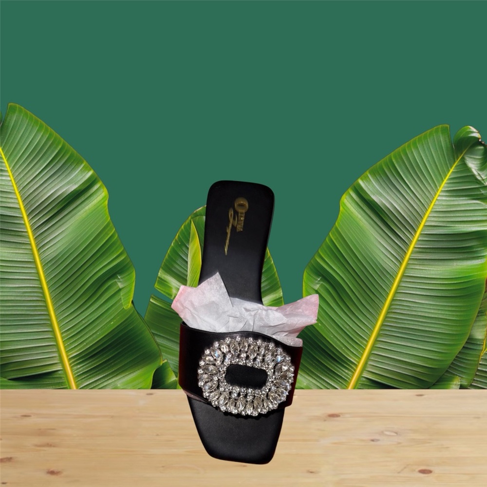 Black Slide Sandals with Rhinestone Buckle